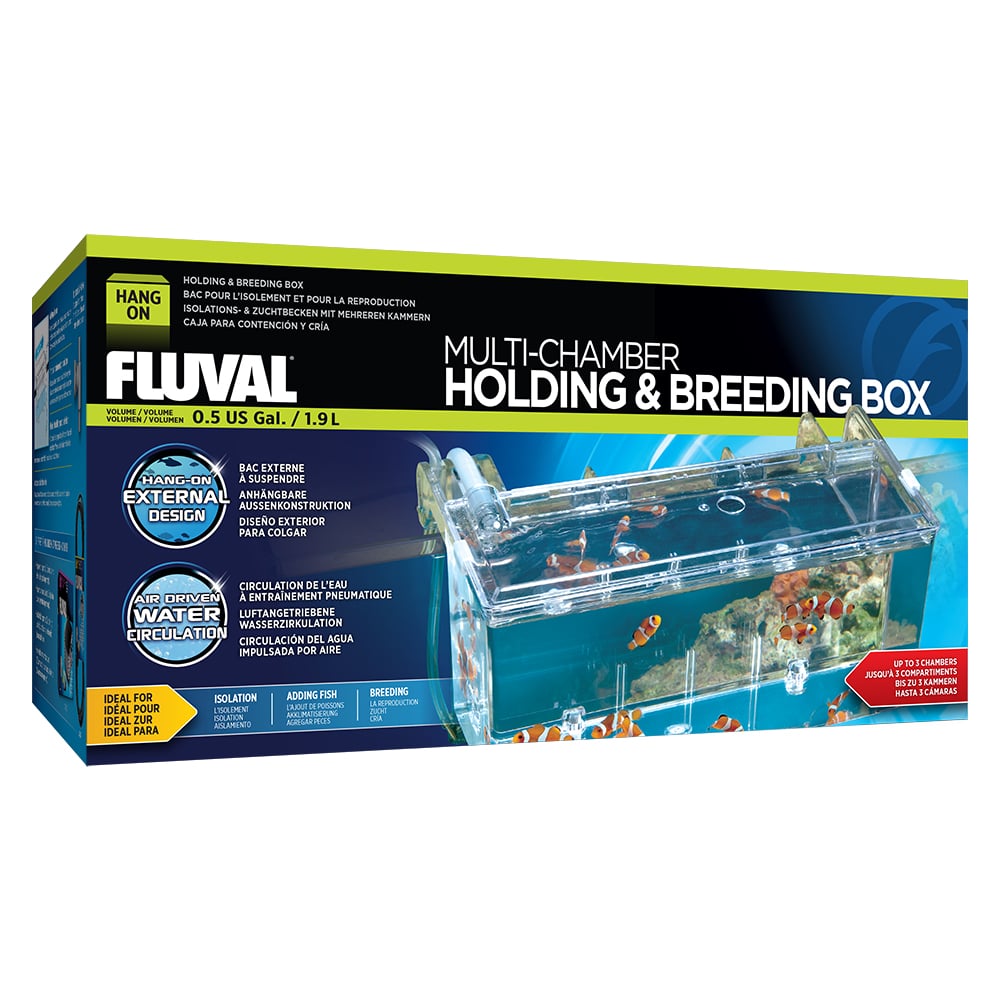 external box for fish tank 250 (40-75 gal) oxygenated water from main aquarium circulates continuously through the breeding box with the use of an air pump (sold separately) Fluval Hang On Breeding Box