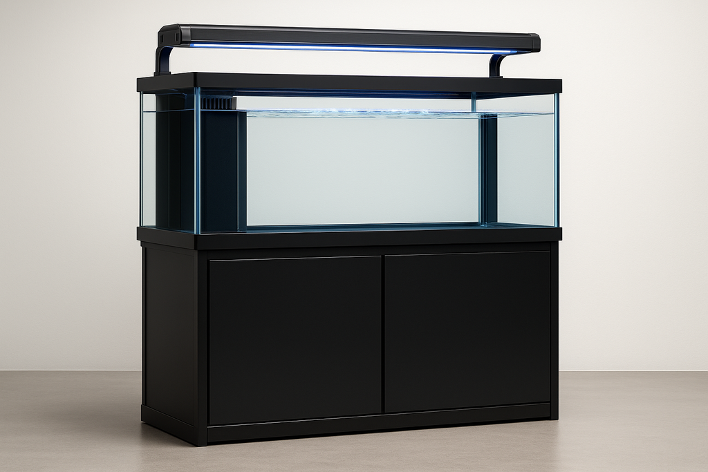 75 GALLON AQUEON REEF READY AQUARIUM ON BLACK CABINET WITH A FLUVAL MARINE 48" LIGHT
